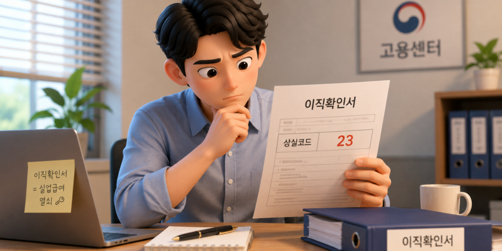 실업급여 수급을 좌우하는 이직확인서 상실코드가 23번이어야 하며 회사가 적으니 직접 확인하라는 내용을 보여주는 이미지