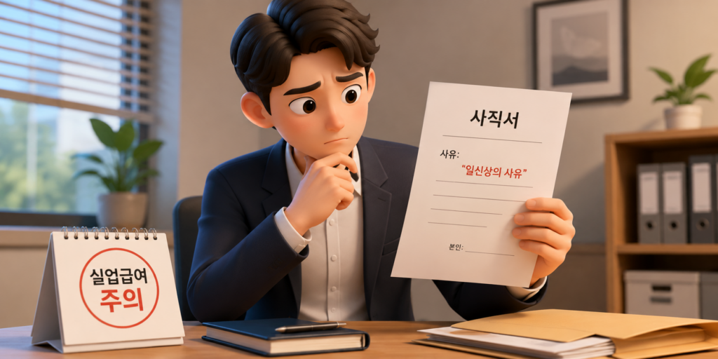 사직서에 '일신상의 사유'라 적으면 자발적 퇴사로 실업급여를 못 받으니 사유 문구부터 확인하라는 내용을 보여주는 이미지