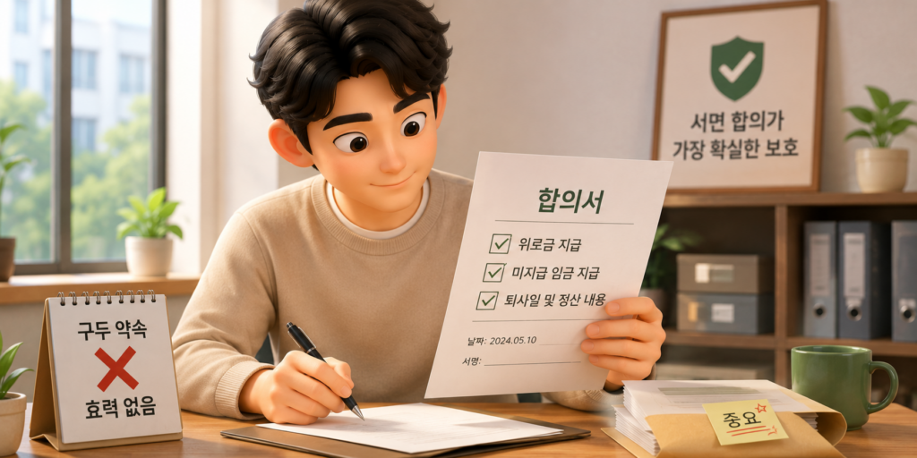 위로금·미지급 금액은 구두 약속 대신 위로금·미지급 임금·퇴사일을 숫자로 적은 서면 합의서로 챙기라는 내용을 보여주는 이미지